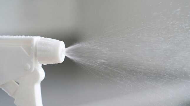 Extreme close-up of a minimalist spray bottle nozzle releasing a fine mist of isopropyl alcohol for advanced cleaning and disinfection, professional sanitizing concept on a clean white background
