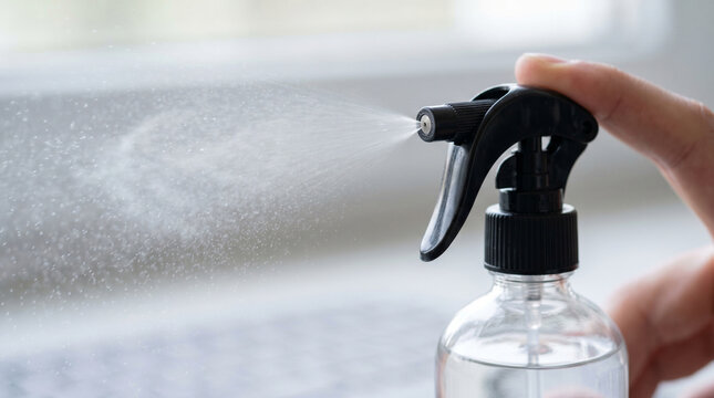 Extreme close-up of a minimalist spray bottle nozzle releasing a fine mist of isopropyl alcohol for advanced cleaning and disinfection, professional sanitizing concept on a clean white background