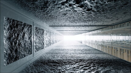 Fototapeta premium Abstract futuristic tunnel featuring textured concrete surfaces, modern architectural design, and a bright light source creating a sense of progress and discovery at the end