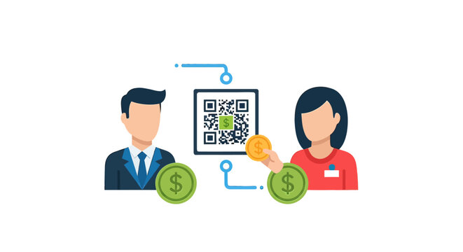 People exchanging money with QR code.