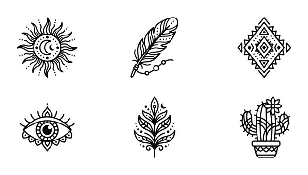 Bohemian Sun, Feather, Evil Eye, Geometric Pattern, Leaf, Cactus Icons. Hand-drawn vector elements for spiritual, tribal, and nature-themed designs.
