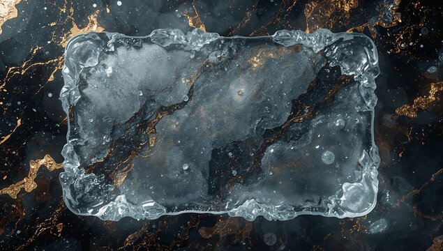 Luxury frosted ice plate with rough frozen borders on black marble and gold veins background