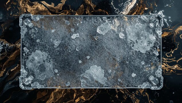 Luxury frosted ice rectangle block plate on black marble and liquid gold texture background