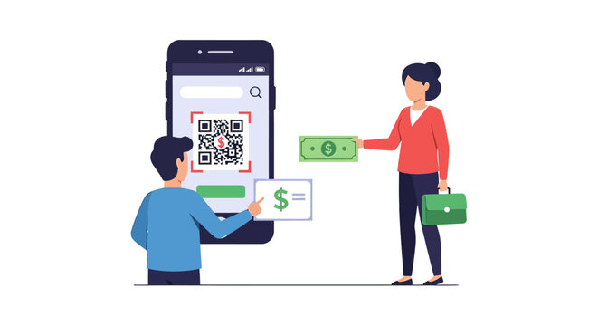 Woman giving money to a man.