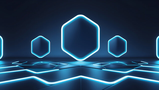 Futuristic 3D showroom stage with glowing cyan neon hexagon frames and reflective geometric floor