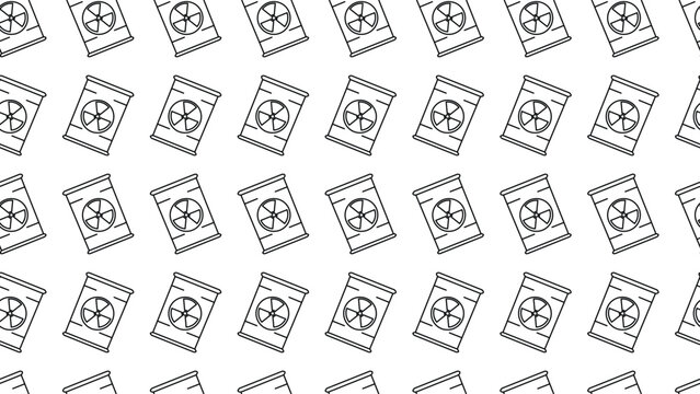 Seamless pattern of minimalist line art illustration of a cylindrical drum featuring the international radioactive hazard symbol
