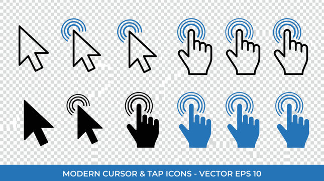 Collection of Modern Cursor and Tap Icons in Vector Format, Showing Different Pointer Styles for User Interaction