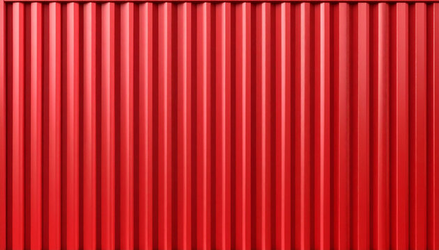 Corrugated red metal shipping container wall texture. Vertical steel panels background for industrial, logistics, and transportation design. Bright red metallic surface with grunge details.