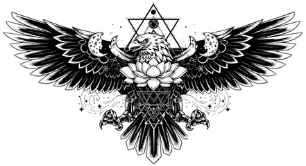 Fototapeta premium Eagle illustration with geometric and floral elements on black background