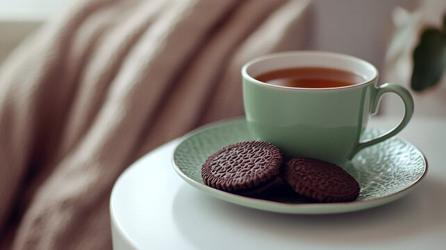 A cup of tea with biscuits on the table.