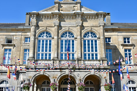 Domfront, Normandy - August 5 2024: Domfront City Hall with Allied Flag Pennants for D-Day 80th Anniversary Celebration