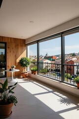 Fototapeta premium Sunlit modern apartment balcony with city panorama view. Wood paneled wall and potted plants create a calm, stylish living space. Enjoy morning coffee overlooking urban rooftops and architecture.