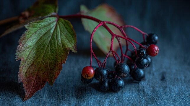 Close up captures small dark berries attached to reddish stems beside a changing autumnal leaf.