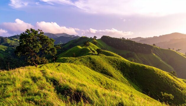 Lush green hills under a vibrant sky at sunset.