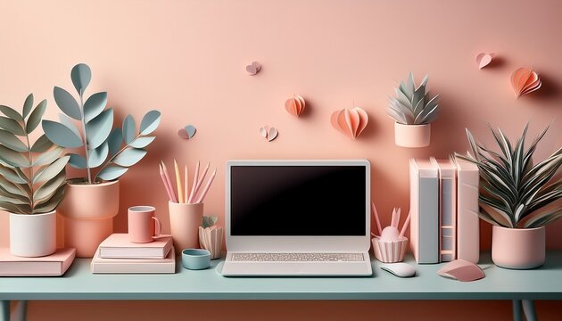 minimalist paper cut style workspace featuring computer plants books and decor in soft pastel colors evoking creativity and calmness