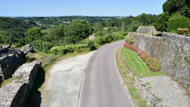 Northern French Countryside View with Road and Castle Ruins, Domfront, Normandy