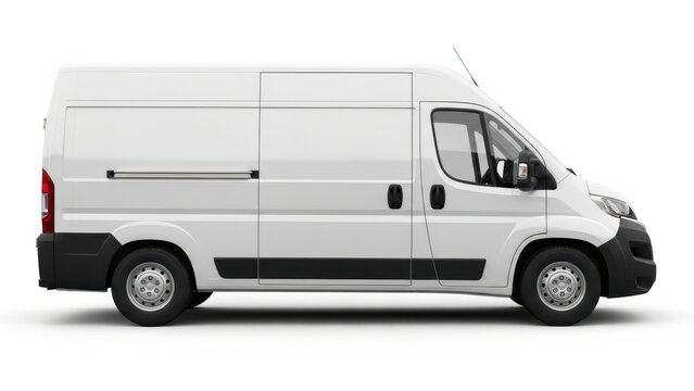 A clean side profile view of a white commercial cargo van on white background