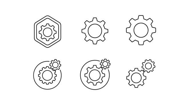 Set of minimalist cogwheel icons for software settings and machinery