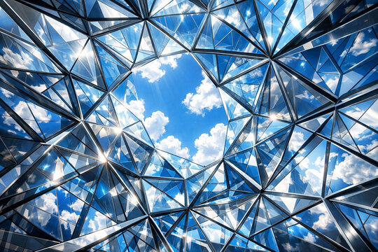 Ein Blick nach oben &ouml;ffnet sich zu einem kaleidoskopischen Spiel aus Licht und Struktur. Moderne Architektur verbindet sich mit dem Wolkenspiel am Himmel.