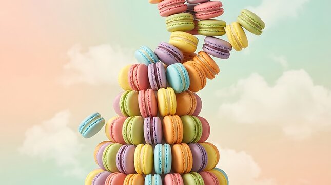 Colorful macarons tower with falling macarons against pastel sky