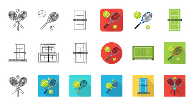 Tennis Icons Set: Rackets, Balls, and Courts - Flat Design & Sketch