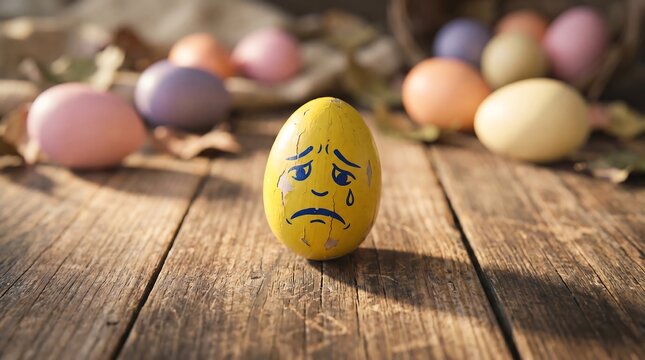 A yellow cracked Easter egg with a hand-drawn sad crying face stands alone on a rustic wooden table, surrounded by blurred colorful eggs in a warm, atmospheric outdoor setting.