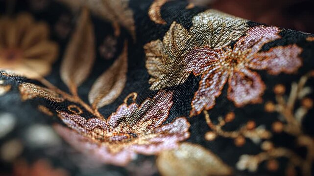 Close up of gold and pink floral embroidery on black fabric