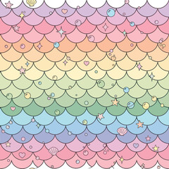 Mermaid Scale Pattern Background, Pastel Rainbow Colors, Cute Bubbles and Stars © Fredik