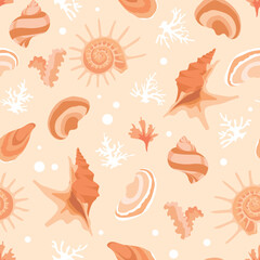 Fototapeta premium Seamless nautical pattern featuring a variety of seashells in warm orange and beige tones. Perfect for throws, towels, bedding, and tablecloths.