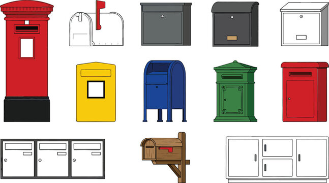 Mailbox Collection Vector Illustration Featuring Postal Boxes Wall Mounted Mailboxes and Vintage Post Containers