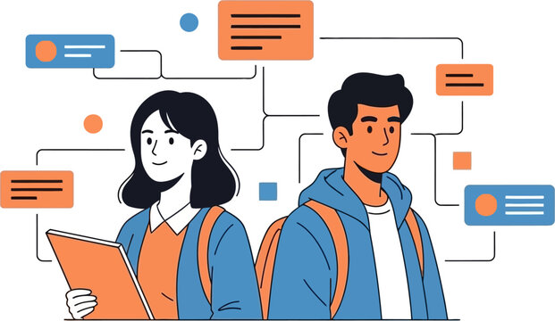 Diverse group of students collaborating and learning together with interconnected ideas and educational resources visualized