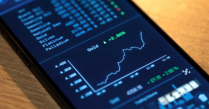Gold price up, rising chart on a smartphone screen, commodity trading. Precious metals industry, market data, strong demand for gold.