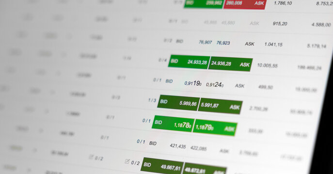 Device screen with Bid and Ask prices, buying, selling, stock market and exchange. Trading, investment, financial market, data, risk, volatility.