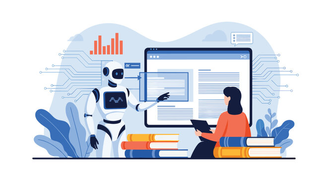 Humanoid robot assisting student with academic learning using digital screen and textbooks for future of education technology.