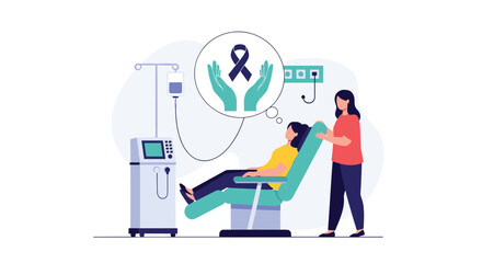 Fototapeta premium Dedicated nurse pushes a patient in a wheelchair while a thought bubble highlights a purple ribbon for cancer awareness and support.