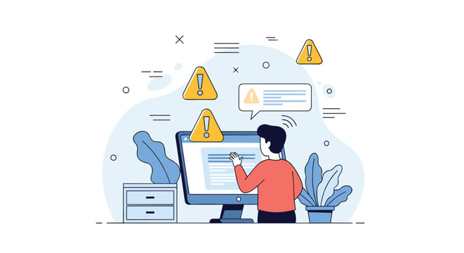 User frustrated by multiple system warning icons and error messages on his computer screen highlighting cybersecurity or technical issues.