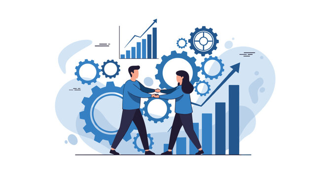 Business partners shake hands to finalize an agreement in front of gears and rising charts symbolizing successful cooperation and growth.