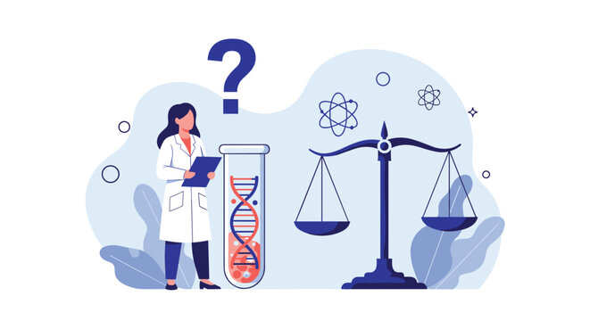 Scientist ponders ethical and legal implications of genetic research while standing next to DNA sample and a scale of justice.