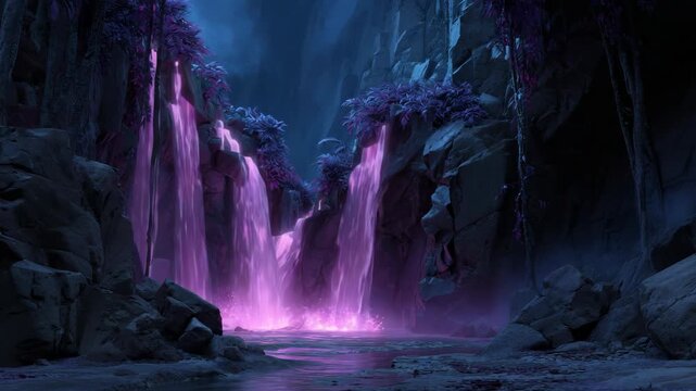 Glowing purple waterfall in fantasy landscape