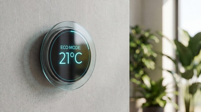 Modern smart home thermostat on a concrete wall with eco mode display