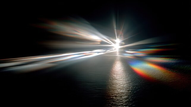 Intense bright light source creates streaks and chromatic aberration reflections across a dark, wet surface.