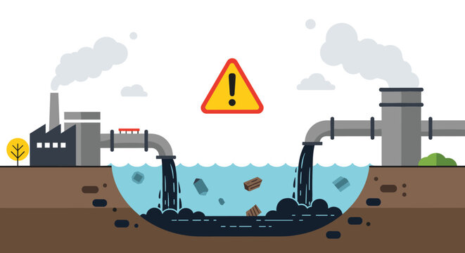 Industrial pollution scene depicts two factories dumping toxic black waste into a river while a yellow warning sign signifies danger.
