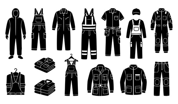 Workwear and Protective Clothing Vector Icon Set Including Coveralls, Overalls, Safety Jackets, and Uniforms for Construction, Industry, and Stock Designs