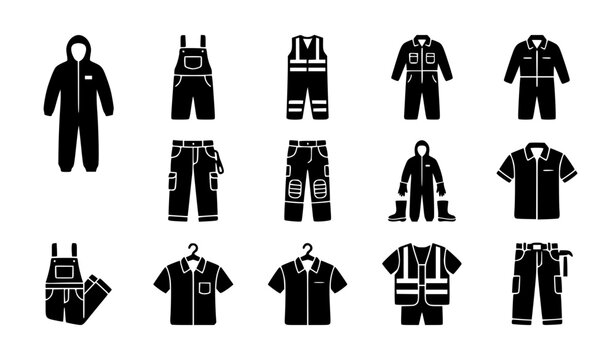 Workwear and Protective Clothing Vector Icon Set Including Coveralls, Overalls, Safety Jackets, and Uniforms for Construction, Industry, and Stock Designs