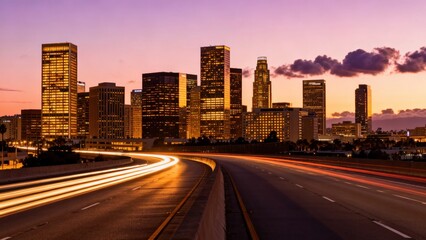 Fototapeta premium City skyline at dusk with highway traffic