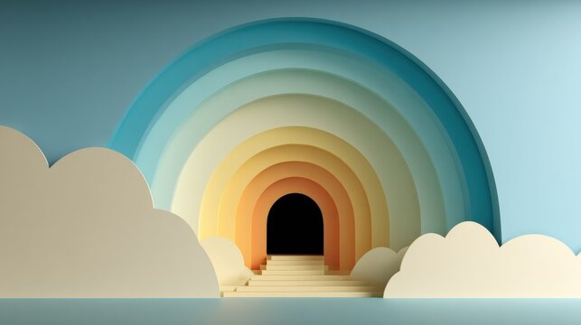 Layered archway mimicking rainbow colors leads toward a dark opening with ascending steps