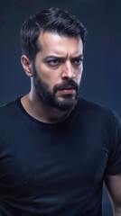 Obraz premium Stern expression on a bearded man wearing a black t-shirt. Focused gaze and furrowed brow during a moment of suspicion or concentration.