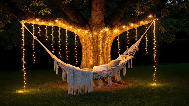 Cozy backyard hammock swing with warm string lights