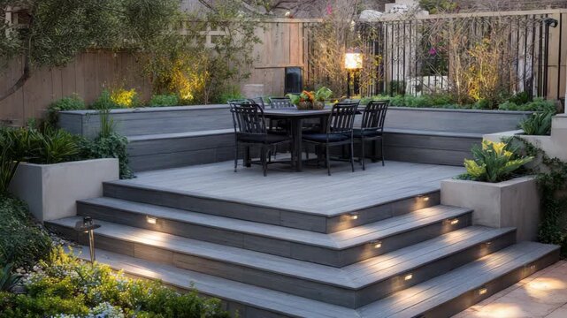 Modern gray outdoor deck with lighting and dining set