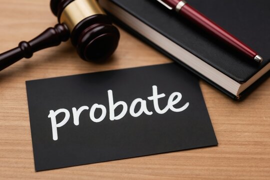 Gavel sits by black card with word probate handwritten. Notebook and pen nearby suggest legal estate matters. Court decision planning for inheritance.